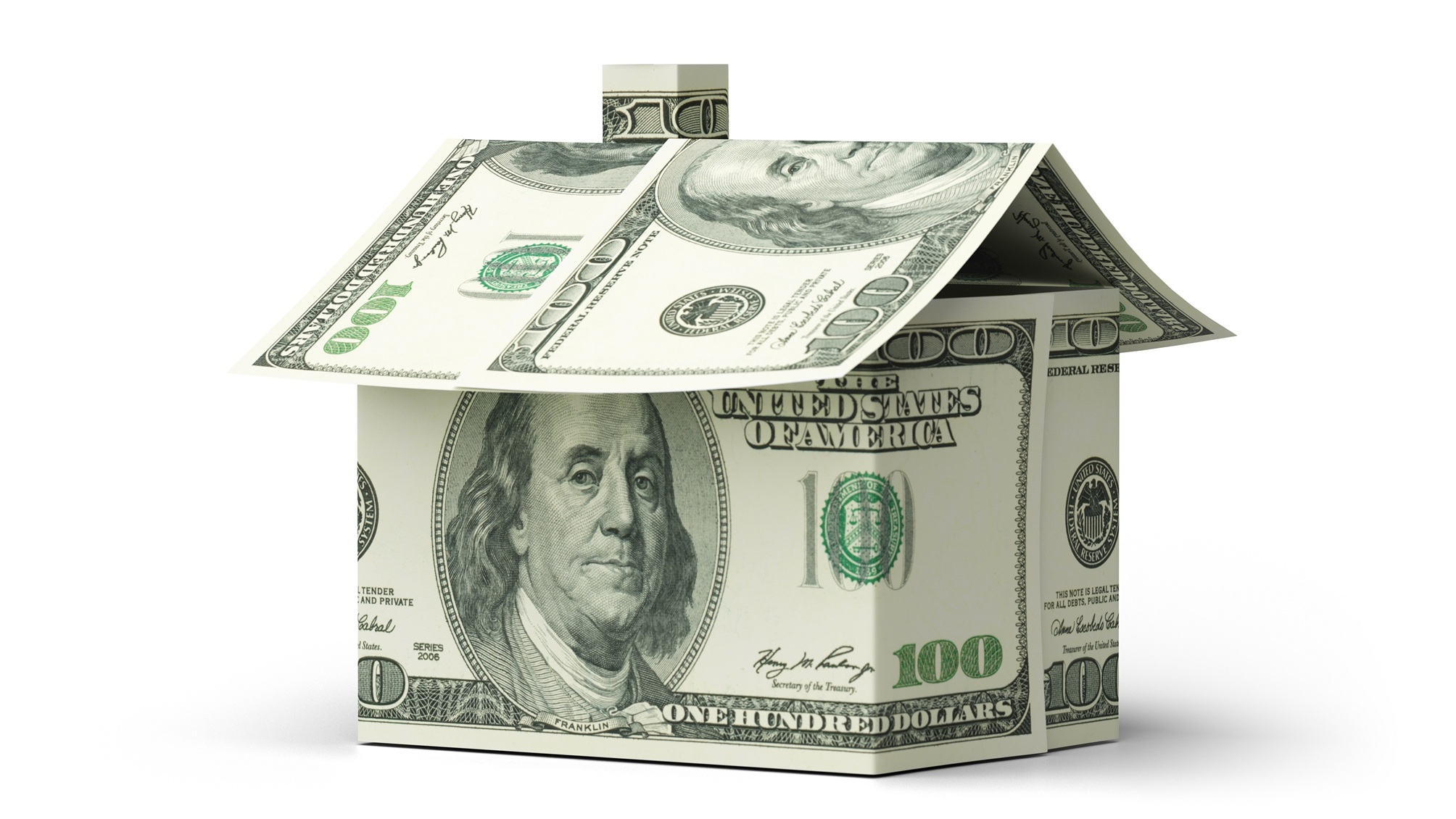 A house constructed of hundred-dollar bills.