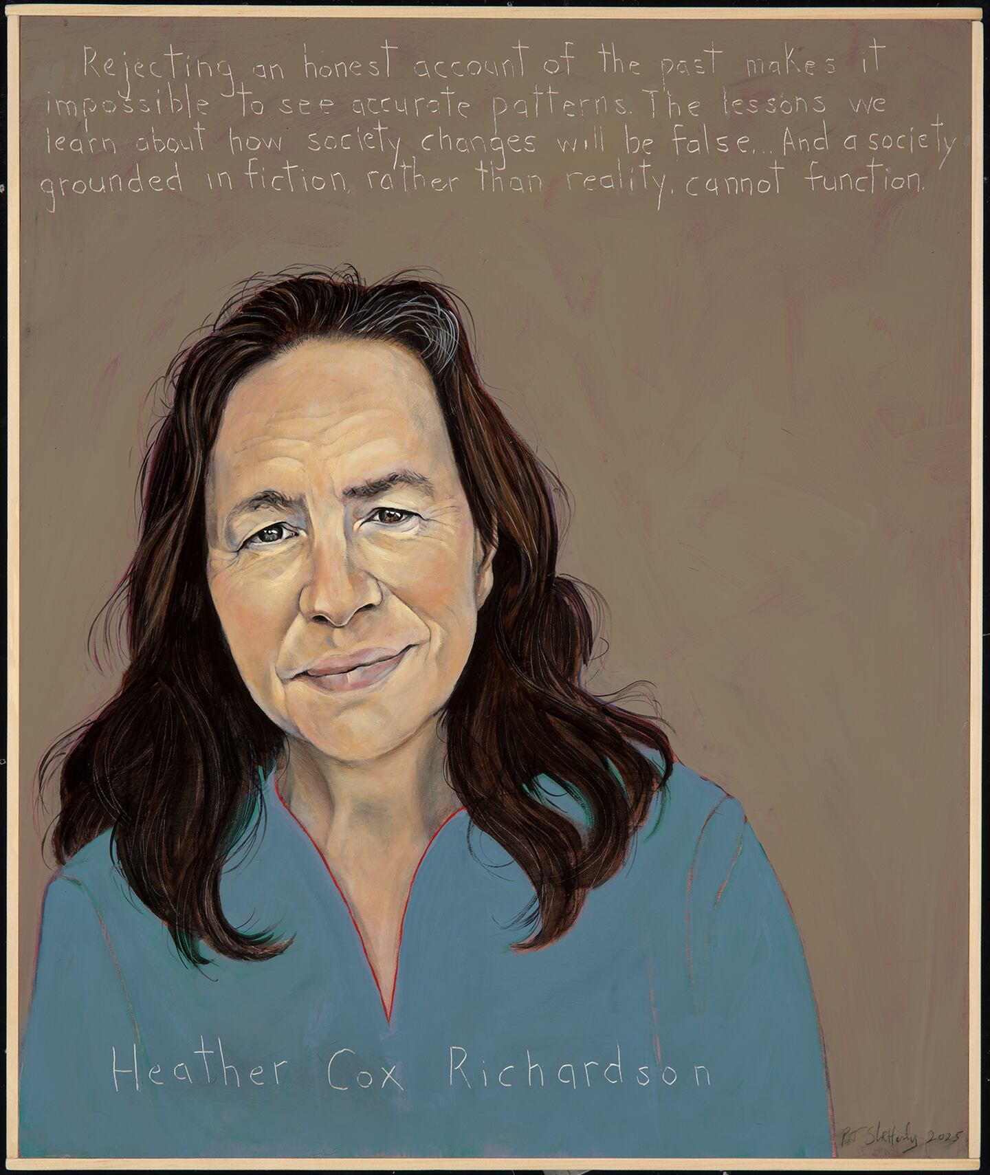 A new exhibit near Acadia National Park, called “Twelve Maine Women: Portraits of Change,” runs through Sept. 25, featuring paintings by Robert Shetterly, a Maine-based artist known for his portrait series called Americans Who Tell the Truth. Pictured here: An acrylic portrait of historian Heather Cox Richardson of Yarmouth, the publisher of a popular newsletter, “Letters from an American.”