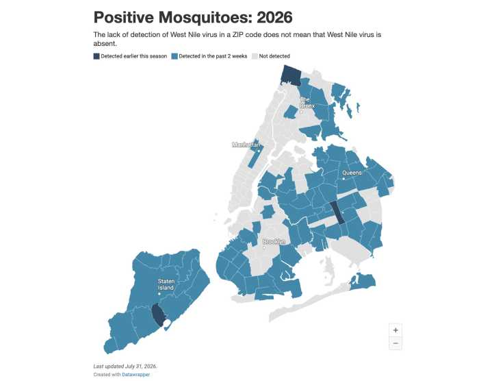 NYC Department of Health and Mental Hygiene publishes a yearly map tracking zip codes which have tested positive for the presence of West Nile Virus in their mosquito populations.