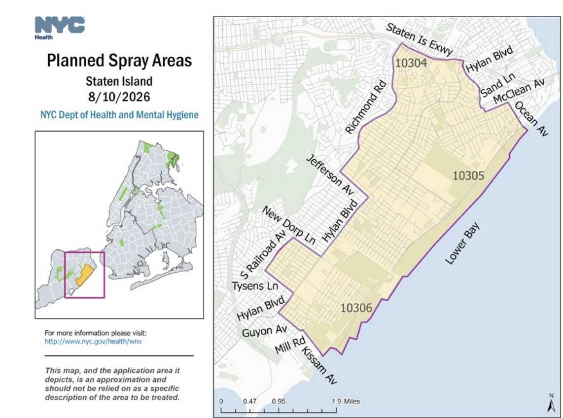 This map shows which areas of Staten Island will be treated for mosquitoes.
