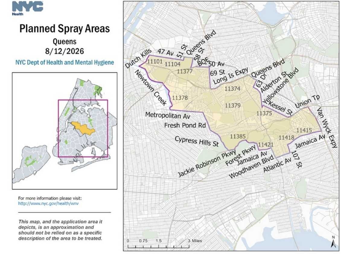 This map shows which areas of Queens will be treated for mosquitoes.