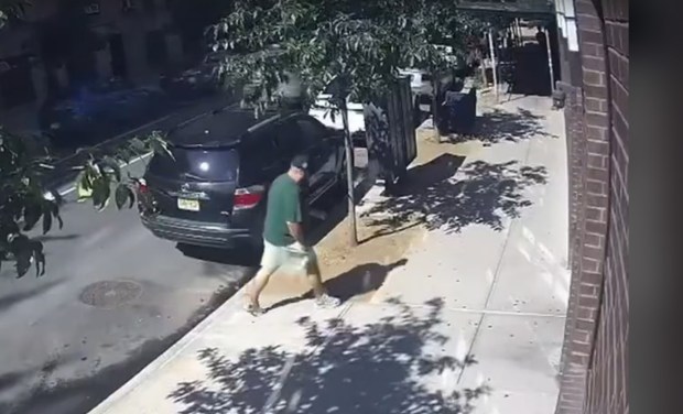 Building surveillance footage shows the suspect (pictured) casually walking across the street and under the scaffolding, where he can be seen suddenly tussling with someone. (Obtained by Daily News)