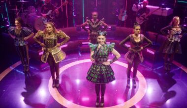 Maiya Quansah-Breed, Jarneia Richard-Noel, Alexia McIntosh, Millie O'Connell, Aimie Atkinson and Natalie Paris in 'SIX The Musical Live!' (Credit: Universal/Focus)