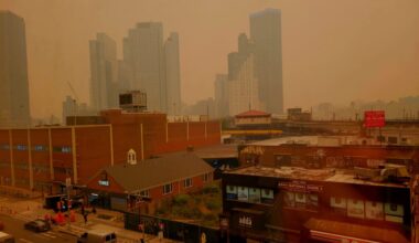 Buildings in the smoky NYC skyline