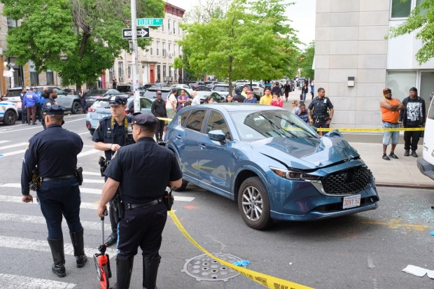 The NYPD Highway Patrol investigates after a pedestrian was fatally struck by a driver who fled the scene on Knickerbocker Avenue and Eldert Street in Bushwick, Brooklyn, New York City on Thursday, May 9, 2024.