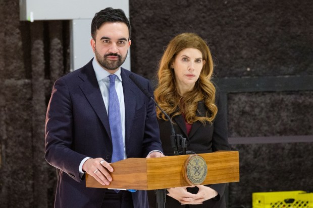 Mayor Zohran Mamdani and City Council Speaker Julie Menin attend a press conference in Red Hook, Brooklyn, on Monday, Jan. 12, 2026. (Gardiner Anderson / New York Daily News)