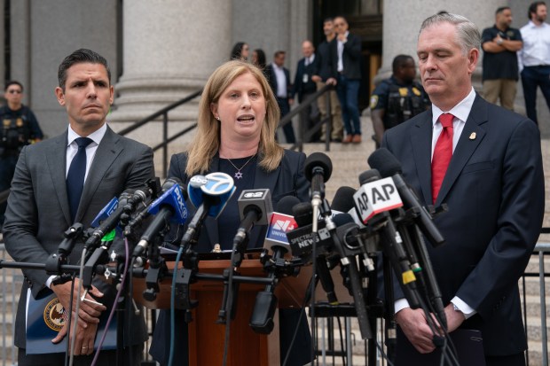 NYPD Commissioner Jessica Tisch speaks during a press conference after Luigi Mangione plead guilty for killing United Healthcare CEO Brian Thompson in the Thurgood Marshal Courthouse Friday, Aug. 14, 2026 in Manhattan, New York. (Barry Williams / New York Daily News)