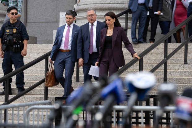 Luigi Mangione's attorney's, Karen Friedman Agnifilo, Marc Agnifilo and Jacob Kaplan, leave court to address the media after their client pleaded guilty for killing United Healthcare CEO Brian Thompson in the Thurgood Marshal Courthouse Friday, Aug. 14, 2026 in Manhattan, New York. (Barry Williams / New York Daily News)