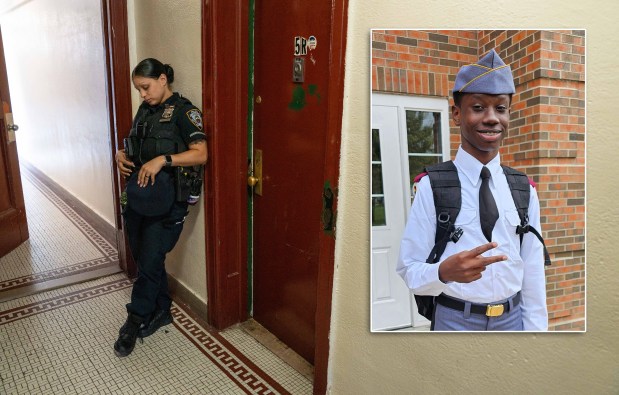 Riley Billingslea (inset), 15, was fatally shot in the head in the Castle Arms apartment building on Claflin Ave. near W. 197th St. in the Bronx on Wednesday, Aug. 12, 2026. (Theodore Parisienne / New York Daily News; Courtesy of Family)