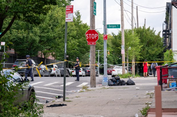 A 33yr old Sofronie Hartzog was pronounced dead at Brookdale Hospital after she was shot in the back whilst at The Oolala Club at 391 Howard Avenue in Brooklyn on Sunday August 16, 2026. 1125. A 34yr old man, shot in the abdomen at the same location, was taken to Kings County Hospital. (Theodore Parisienne / New York Daily News)