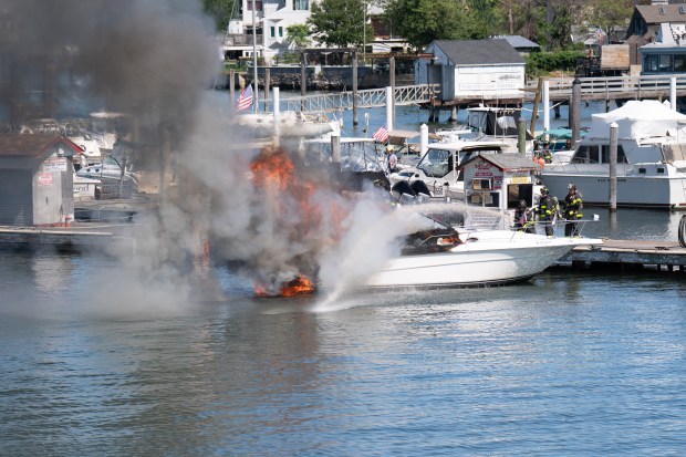 An explosion destroyed a boat that was docked at the City Island Marina in the Bronx on Saturday August 29, 2026. 1356. (Theodore Parisienne / New York Daily News)