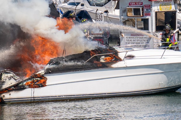 An explosion destroyed a boat that was docked at the City Island Marina in the Bronx on Saturday August 29, 2026. 1356. (Theodore Parisienne / New York Daily News)
