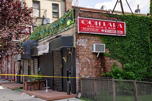 A 33yr old Sofronie Hartzog was pronounced dead at Brookdale Hospital after she was shot in the back whilst at The Ooh Lala Lounge and Bar at 391 Howard Avenue in Brooklyn on Sunday August 16, 2026. 1125. A 34yr old man, shot in the abdomen at the same location, was taken to Kings County Hospital. (Theodore Parisienne / New York Daily News)