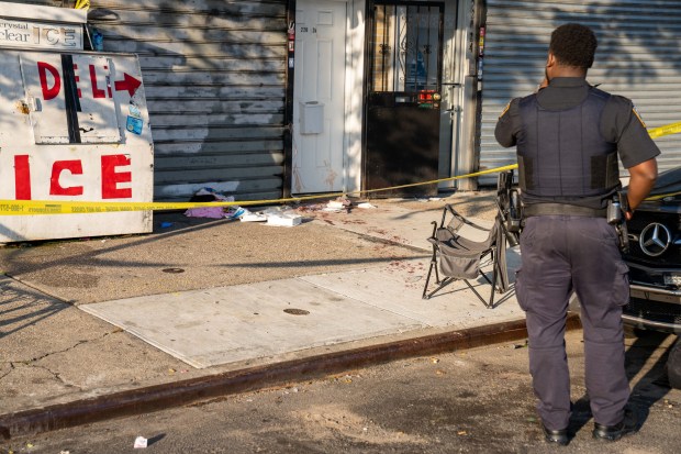 Police invesigate after Jose Scott was fatally stabbed on Merrick Blvd. near 221st St. in Queens on Sunday, Aug. 23, 2026. (Theodore Parisienne / New York Daily News)
