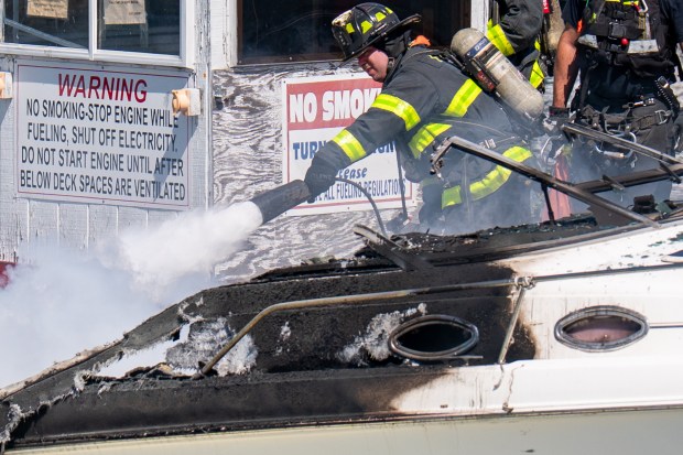 An explosion destroyed a boat that was docked at the City Island Marina in the Bronx on Saturday August 29, 2026. 1356. (Theodore Parisienne / New York Daily News)