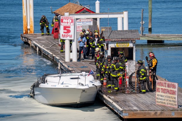 An explosion destroyed a boat that was docked at the City Island Marina in the Bronx on Saturday August 29, 2026. 1356. (Theodore Parisienne / New York Daily News)