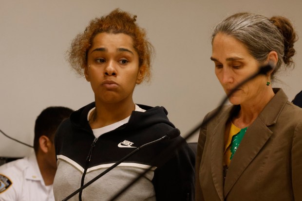 Briannah Harris, the girlfriend of Chase Lackhard, is arraigned in Bronx Criminal Court late Tuesday, Aug. 4, 2026, charged with weapons possession charges when police raided Lackard's bedroom. (Kevin C. Downs / Pool)