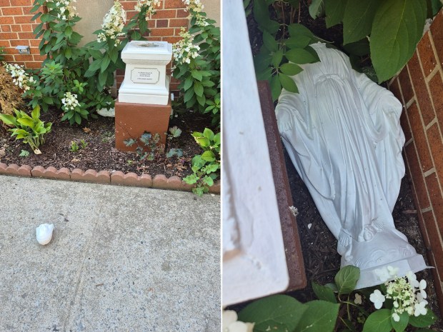 The remains of the damaged statue of the Virgin Mary at the St. Rita's R.C. Church in Long Island City.
