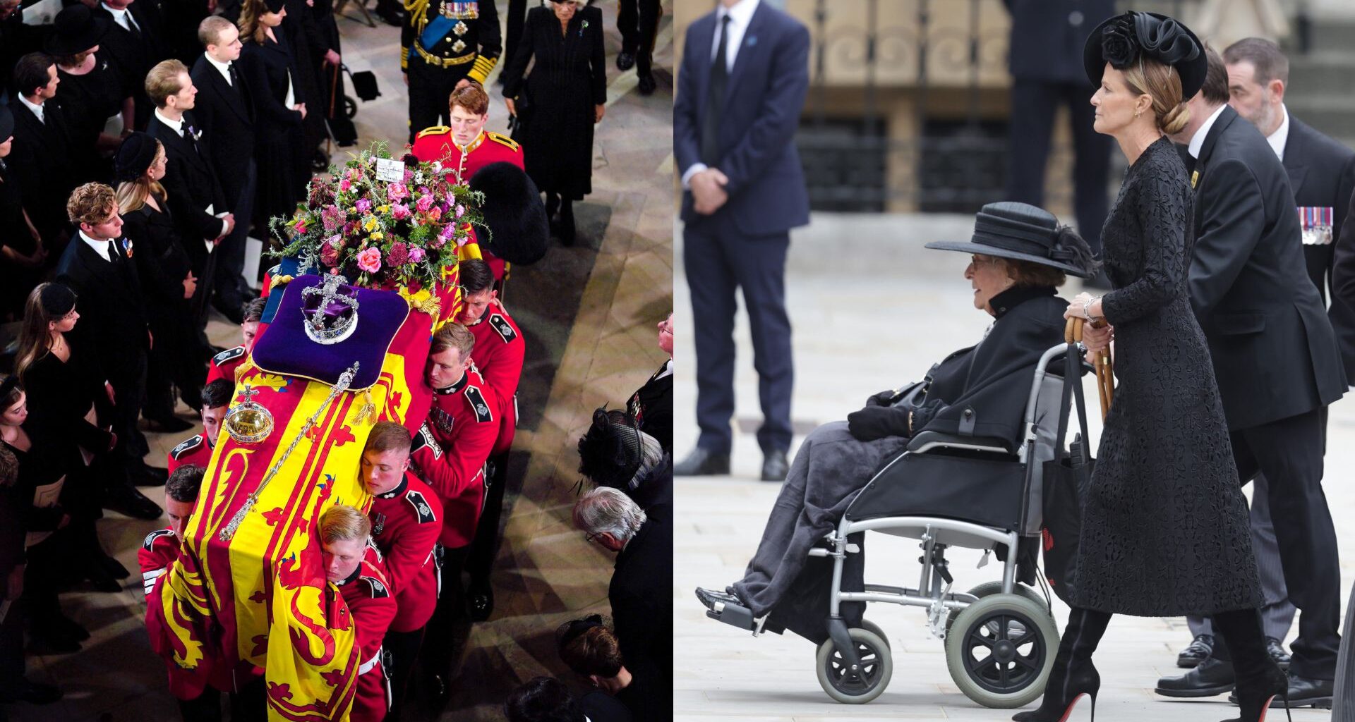Queen Elizabeth's coffin being carried at Westminster Abbey; India Hicks walking behind Lady Pamela Hicks in a wheelchair at Queen Elizabeth's funeral