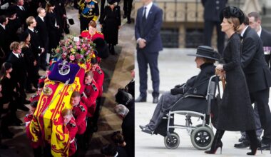 Queen Elizabeth's coffin being carried at Westminster Abbey; India Hicks walking behind Lady Pamela Hicks in a wheelchair at Queen Elizabeth's funeral