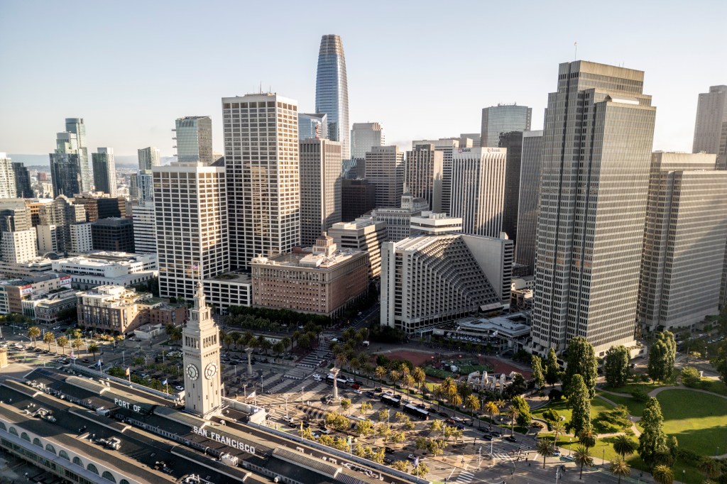 An aerial view of the downtown San Francisco skyline is seen on Thursday, July 10, 2025. 