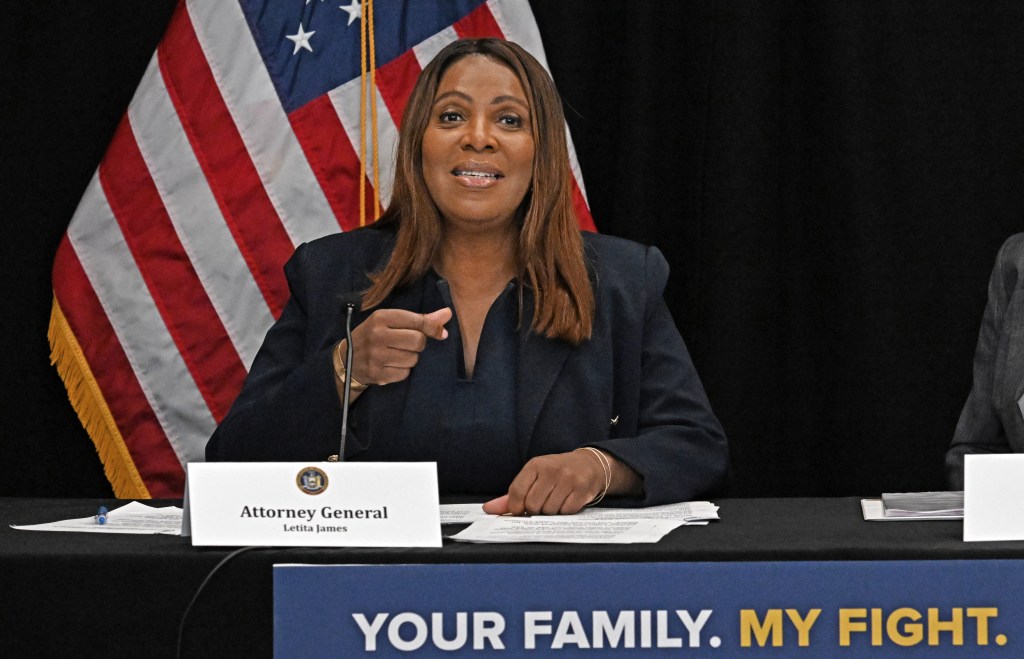 7/28/26 NY State AG Letitia James, (pictured) along with NY State Governor Kathy Hochul, announced today several regulations to control the use of algorithms and notifications on the phone that are keeping kids addicted to the technology. Several parents were invited to tell their story of their own children who had mental health problems as a result of being addicted to social media and other internet platforms. At 77 Flushing Avenue, Brooklyn, NY. Please credit Gregory P. Mango for NY Post."