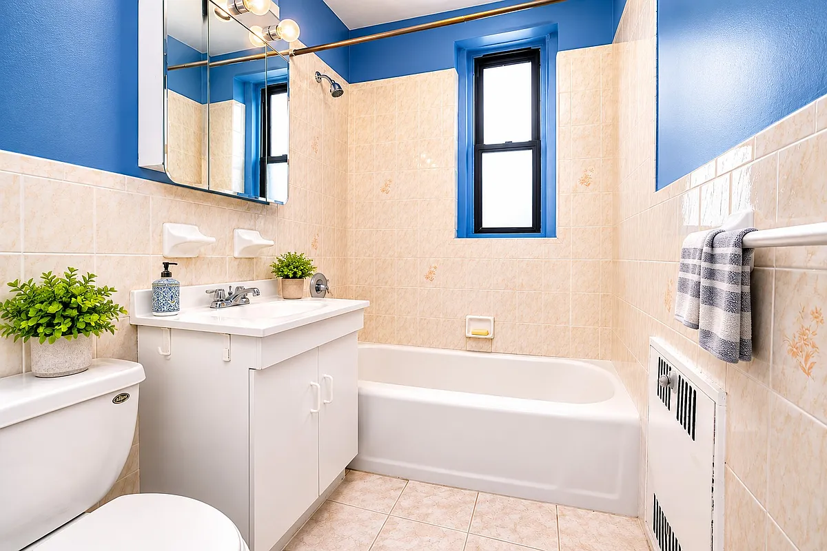 bathroom with blue painted walls, neutral tile on walls and floor with occasional flower ornamented tile