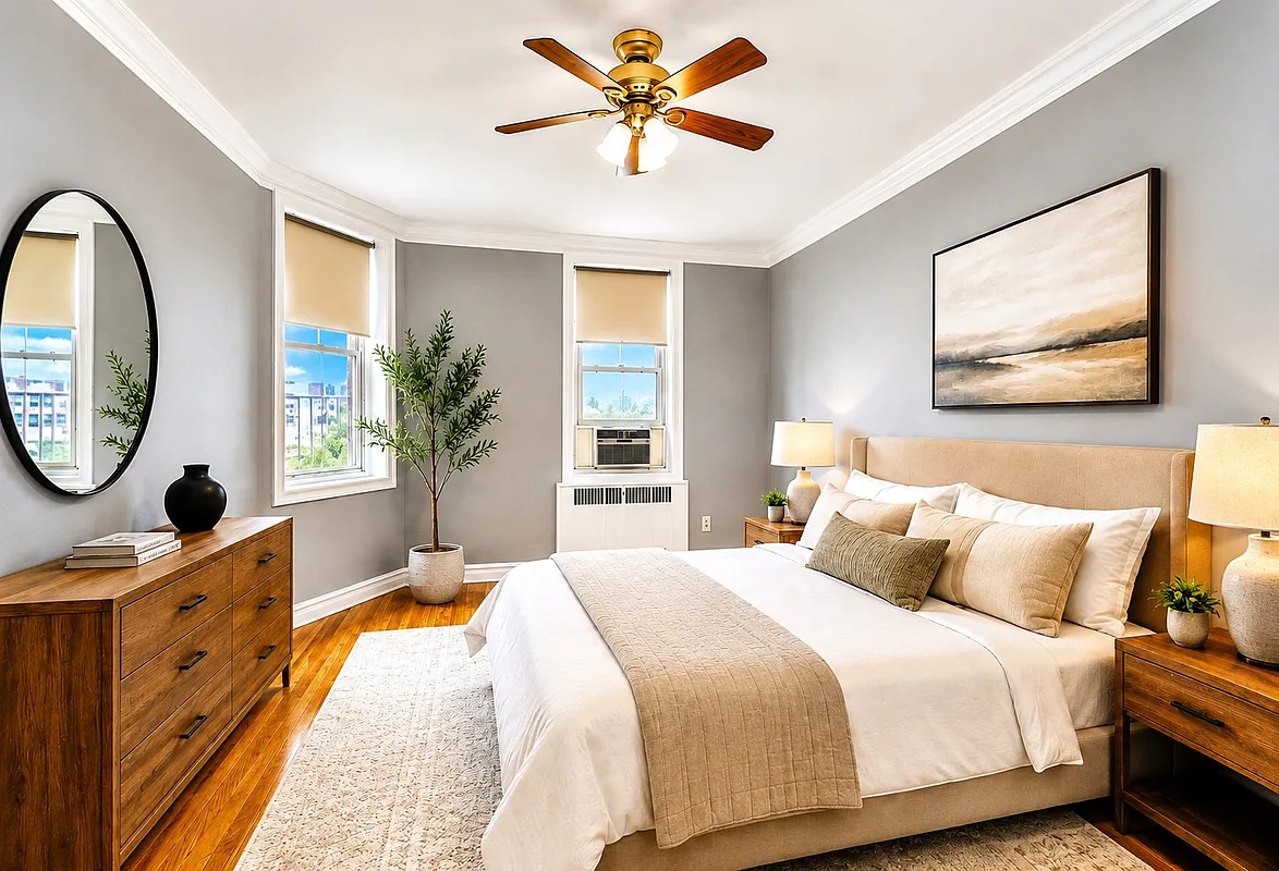 virtually staged bedroom with large bed, end tables, dresser