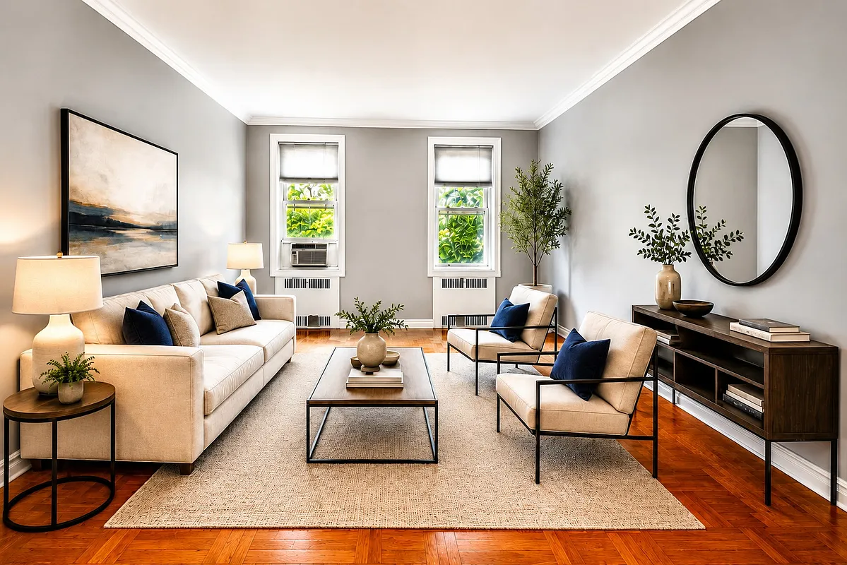 virtually staged living room with two windows, wood floor