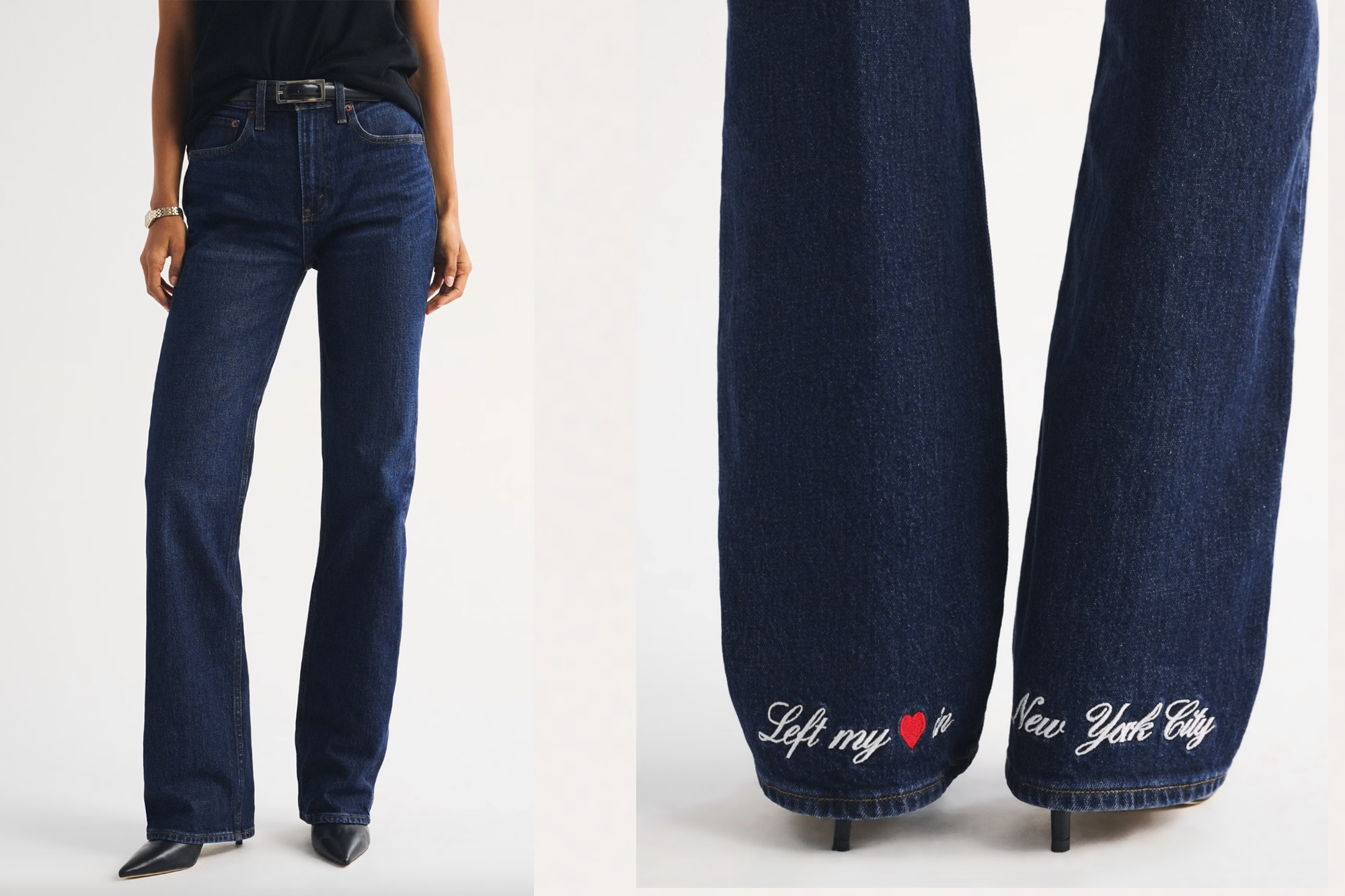 Collage of a person wearing bootcut jeans with a black belt, and a close-up of the jeans' hem with the embroidered text "Left my [red heart emoji] in New York City".