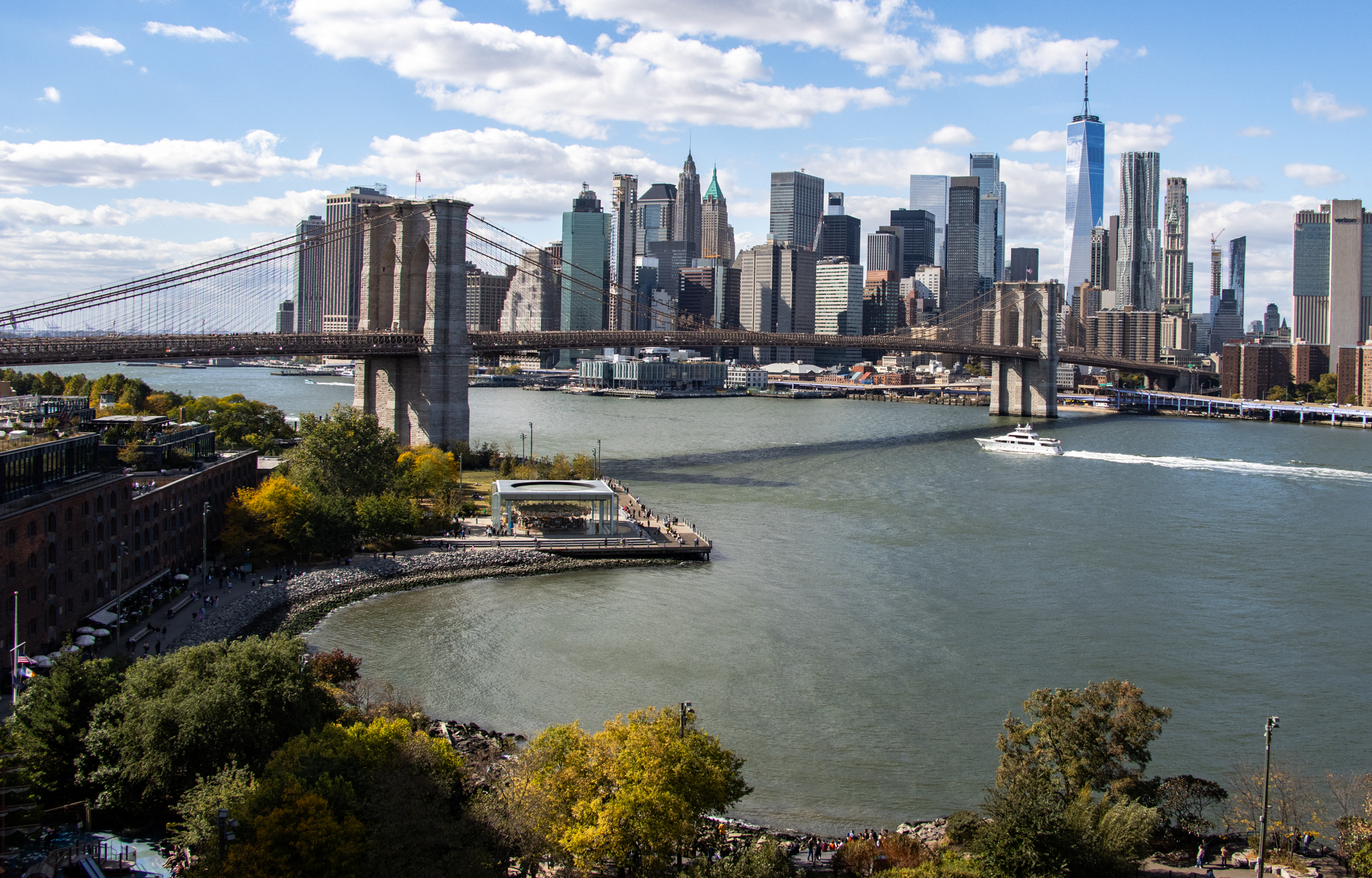 aerial of the brooklyn bridge and the brooklyn skyline