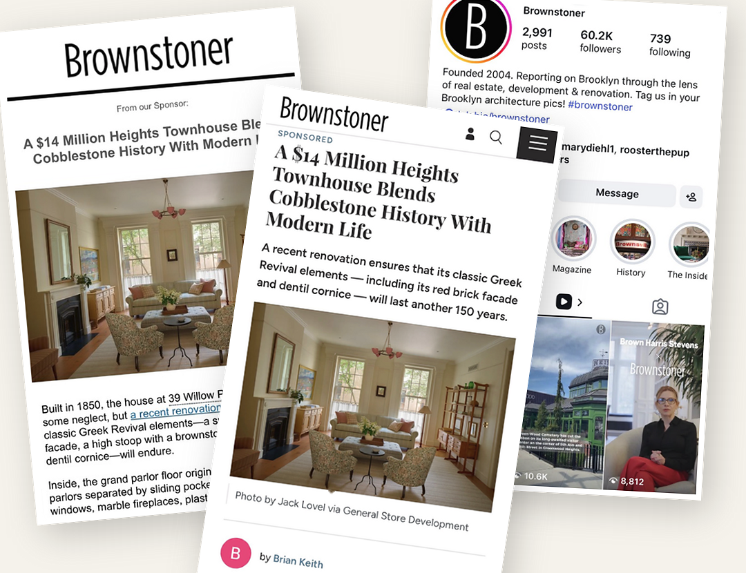 ad for brownstone agents showing posts and an instagram feed