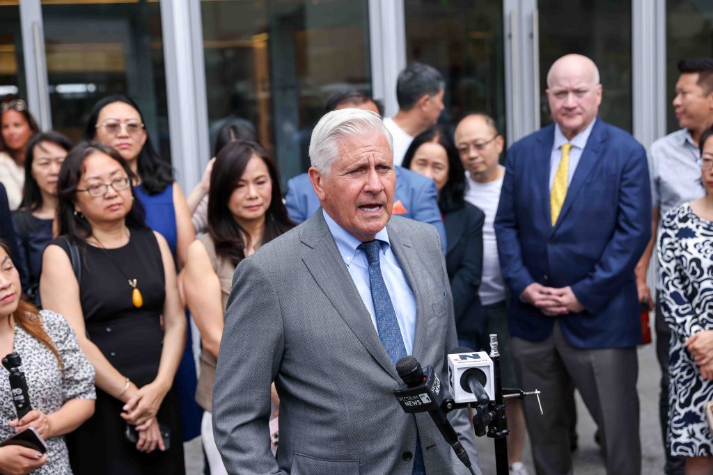 Bruce Blakeman, Nassau County executive and Republican gubernatorial candidate for New York, speaks to the media while campaigning in the Flushing neighborhood of Queens.
