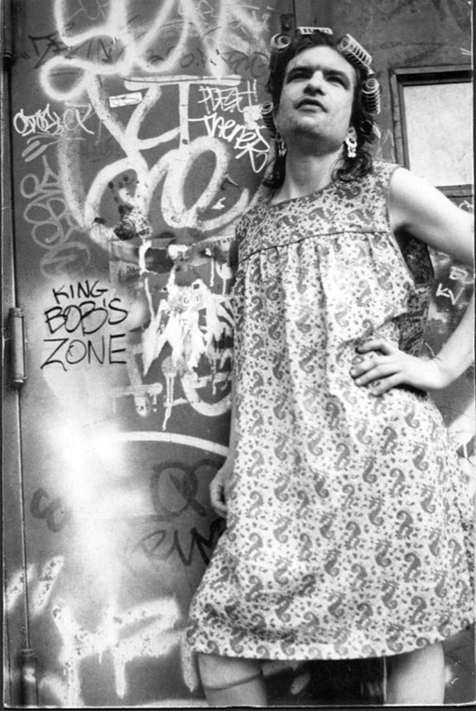 Legendary New York punk icon Chester “Chet” Mazur is seen wearing a dress and hair curlers for an Alice Donut album cover shoot