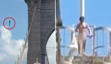 Naked nutjob jumps from Brooklyn Bridge after erecting flags