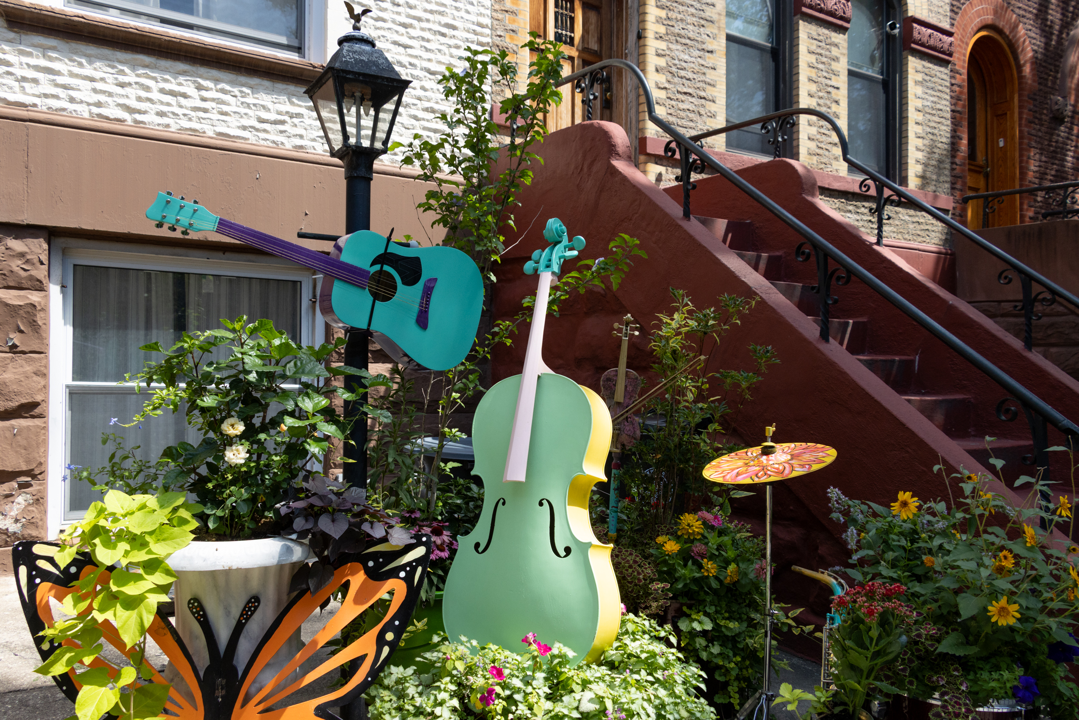 musical instruments amidst some planters