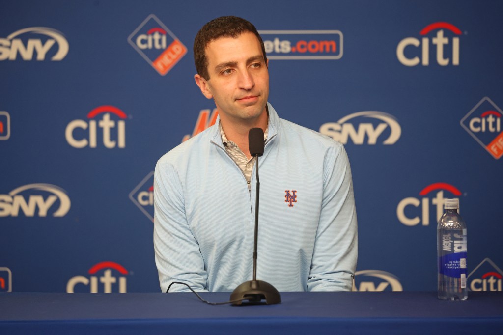 David Stearns, President of Baseball Operations for the New York Mets, speaks at a press conference before the game when the New York Mets played the Detroit Tigers Tuesday, May 12, 2026 at Citi Field in Queens, NY. 