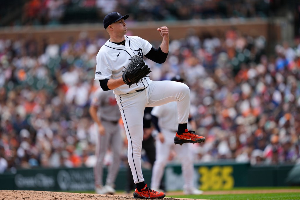 Tarik Skubal pitches during a baseball game.