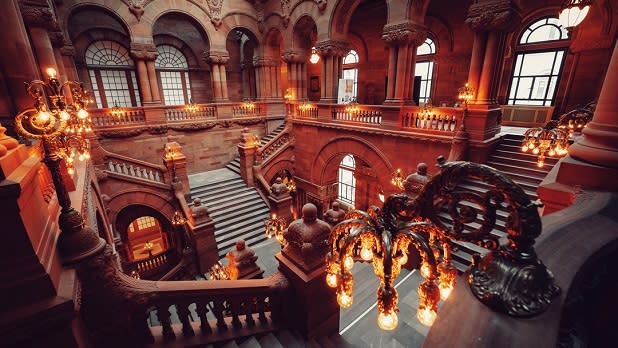 A view of the grand staircase inside the Inside the New York State Capitol