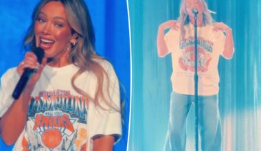 Hilary Duff reps New York Knicks with championship tee at MSG concert