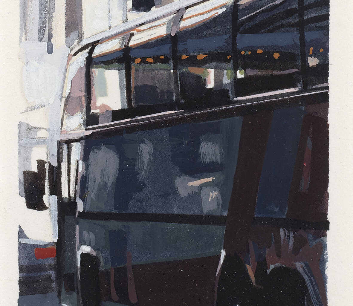 Richard Estes, Lincoln Center, 1996. Watercolor on paper, 5 × 2¾ inches. © Richard Estes. Courtesy Schoelkopf Gallery.