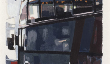 Richard Estes, Lincoln Center, 1996. Watercolor on paper, 5 × 2¾ inches. © Richard Estes. Courtesy Schoelkopf Gallery.