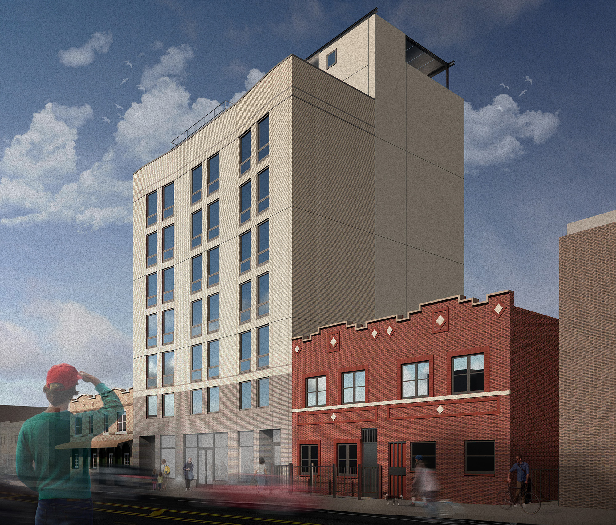 rendering of mutli-story building between low rise buildings