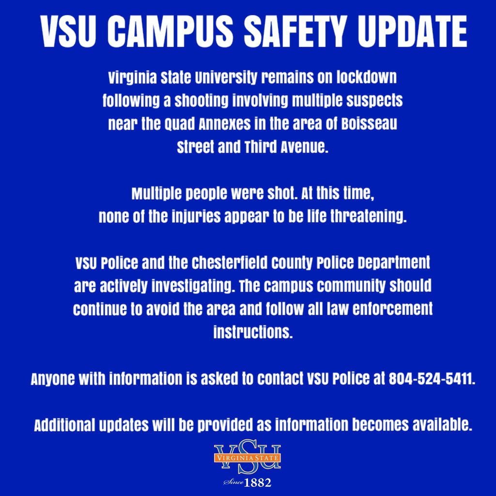VSU Campus Safety Update regarding a shooting near the Quad Annexes.