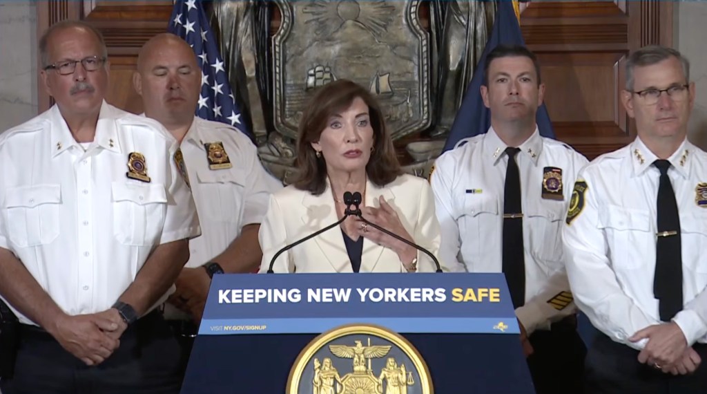 Gov. Kathy Hochul speaks at a press conference regarding New York State's ban on 287(g) agreements to focus local law enforcement on local crimes.