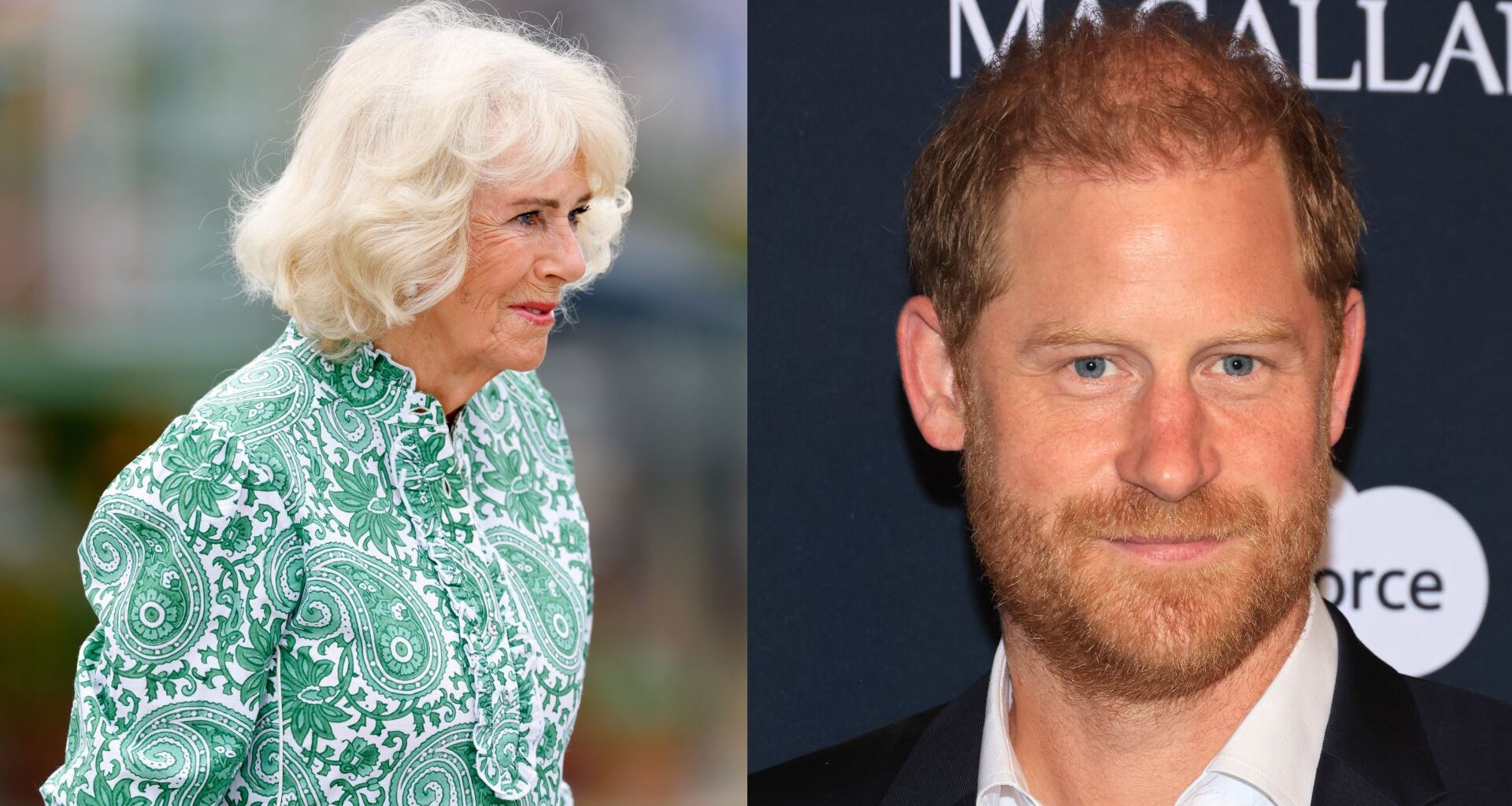 A split image of Queen camilla and Prince Harry