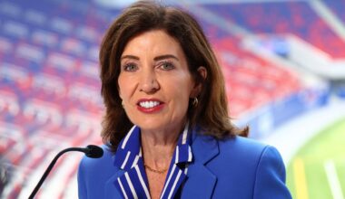 New York Gov. Kathy Hochul speaks following a ribbon cutting ceremony at the new Bills Highmark Stadium in Orchard Park, N.Y., Tuesday, June 23, 2026. (AP Photo/Jeffrey T. Barnes)