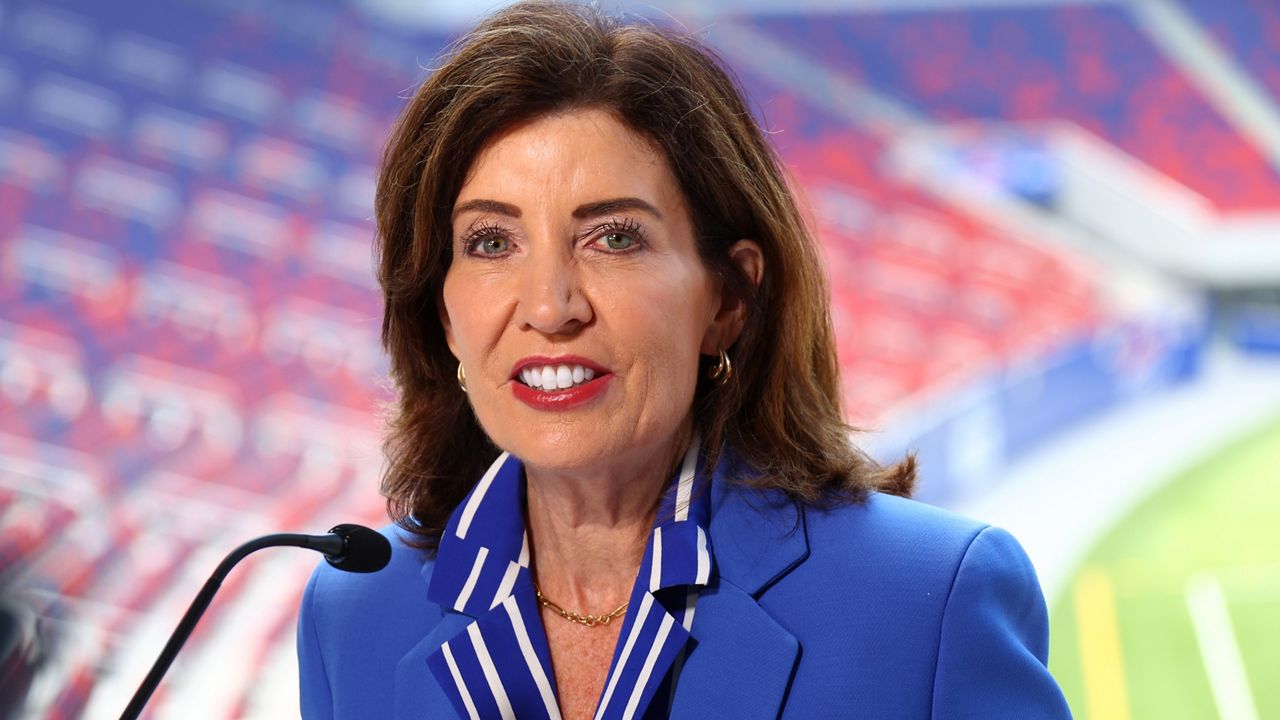 New York Gov. Kathy Hochul speaks following a ribbon cutting ceremony at the new Bills Highmark Stadium in Orchard Park, N.Y., Tuesday, June 23, 2026. (AP Photo/Jeffrey T. Barnes)
