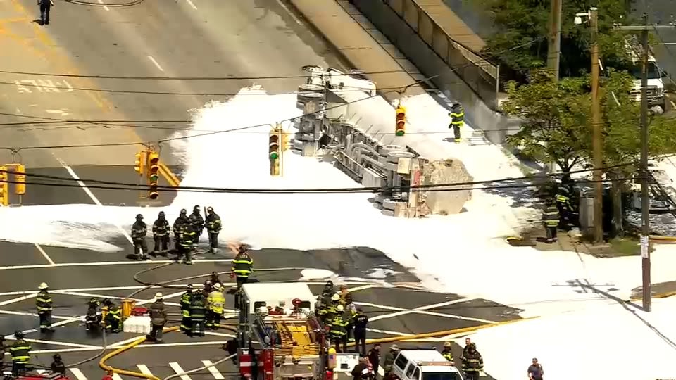 Tanker spills about 2,000 gallons of fuel after overturning in Queens