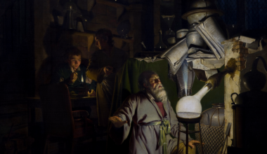A painting of a man kneeling in front of a glowing vial with two children behind him